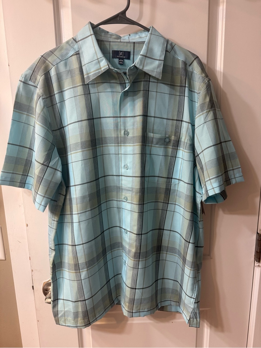 George Light Aqua and Tan Plaid Short-Sleeve Button-Down Shirt